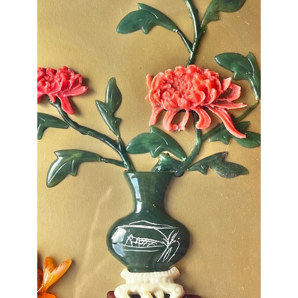 Chinese Carved faux Coral & Faux Jade Wall Art With Vase & Fish Design In Black - Picture 2 of 13